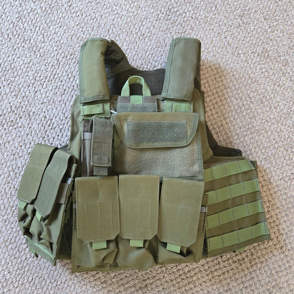 Airsoft Vest Tactical Military MOLLE Plate Carrier Recon with Pouches OD Green